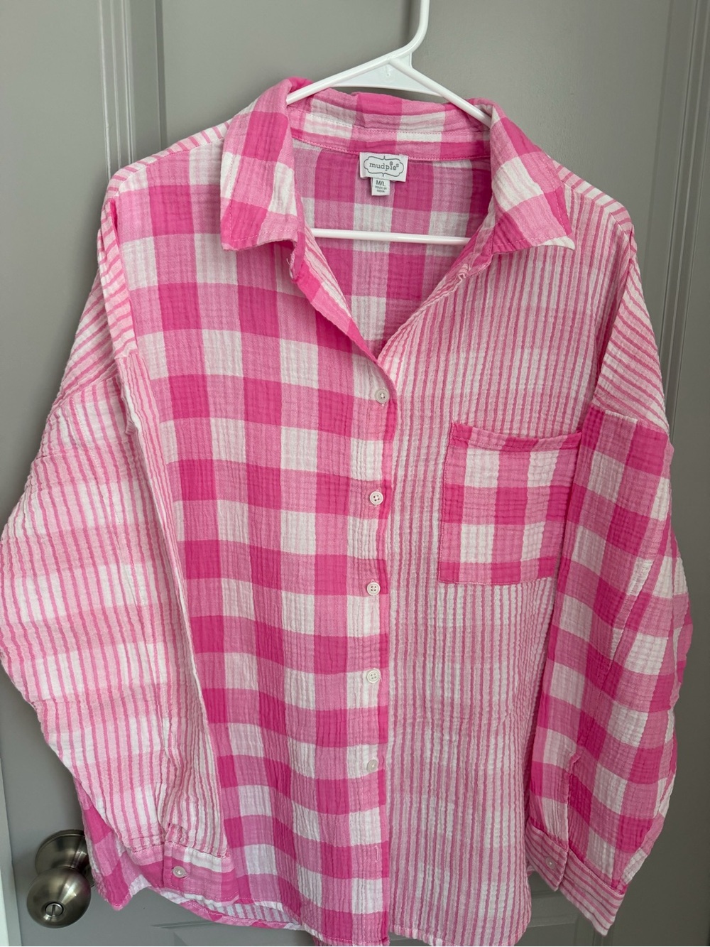Mud Pie Pink & White Mixed Plaid Button-Down Shirt